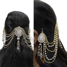 the side view of a woman's head wearing gold and white jewelry