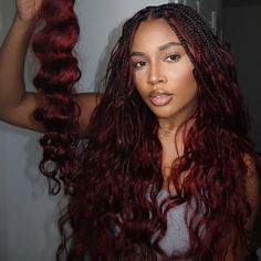 Wedding Halo Braid, Festival Hair For Black Women, Burgundy Hair With Tinsel, 99 J Hair Color, Serena Page Braids, 1b/burgundy Braids, Different Size Braids, Burgundy Twist Braids, Color 33 And 350 Box Braids