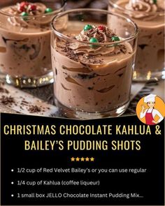 Molly yeh 🍜 | CHRISTMAS CHOCOLATE KAHLUA & BAILEY’S PUDDING SHOTS | Facebook Baileys Pudding, Chocolate Pudding Shots, Pudding Shot Recipes, Sugar Cookie Cheesecake, Chocolate Baileys, Kahlua Coffee Liqueur, Dessert Shots, Pudding Shots, Boozy Desserts