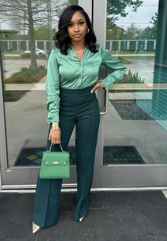 Classy Outfits For Women Black, Cute Professional Outfits Women, Official Wear For Ladies Classy Pants, Green Office Outfits Women, Advocate Outfits Women, Personal Banker Outfit, Monochromatic Office Outfit, Quirky Business Casual Outfits