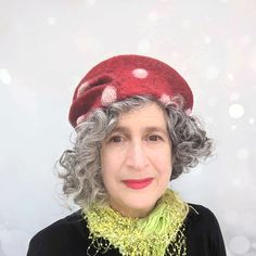 Felted Amanita Mushroom Hat - front view Red Hat As A Gift, Red Hat As A Gift, One Size Fits All, Handmade Red Mini Hat With Short Brim, Whimsical Red Brimmed Hat, Handmade Red Costume Hat, Whimsical Red Winter Hat, Whimsical Red Hat As Gift, Whimsical Red Hat With Curved Brim, Adjustable Red Handmade Costume Hats And Headpieces