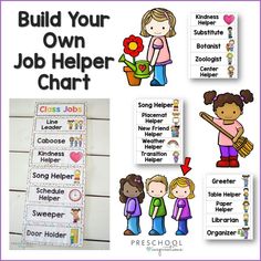 the build your own job help chart is shown with pictures of people and flowers on it