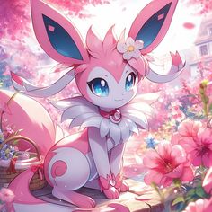 a pink and white animal sitting on top of a wooden bench next to some flowers