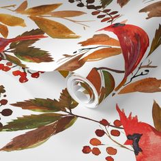 a white wallpaper with red and green leaves on it