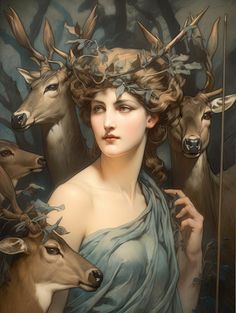 a painting of a woman surrounded by deer