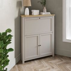 a grey cabinet with two drawers and a lamp on top next to a potted plant