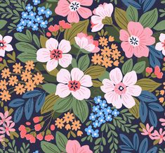 a floral pattern with pink, blue and green flowers on a dark background for wallpaper