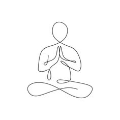 a continuous line drawing of a person sitting in the middle of a yoga pose with their hands together