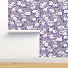 a wallpaper with purple and white flowers on it