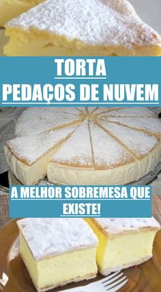 three different types of pies on plates with the words torta pedacos de nuvem