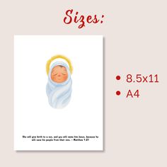 a card with the image of a baby wrapped in a blanket and text that says, sizes 8 5x 11