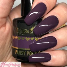 Pansy Potter is a deep raisin purple. Magpie Gel Polishes are formulated with the highest quality, adhere to the strict EU regulations and are fully manufactured in the UK. Magpie Gel Polish is 100% pure gel which offers more durability without any of issues that come from hybrid gel polishes. Magpie Gel Polish benefits include: does not dry or thin the natural nail excellent adhesion (no aggressive nail prep or filing needed) beautiful creamy texture applies easily and does not run into the cut Solid Nails, 2024 Colors, Nail Paint Shades, Plum Nails, Fall Gel Nails, Nail Prep, Simple Gel Nails, Cute Nail, Colorful Nail Designs