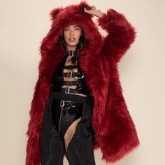 New And Never Worn. Comes Complete With Hood And Ears. Also Has Huge Pockets! Made From Faux Fur So No Animals Harmed In The Making. Size Medium: - Chest: 39-41.5" - Waist: 29-33" - Hips: 38-44" Reposting From Spirithoods Site About Wolf Coat: Important Care Instructions: - Always Avoid Bringing Faux Fur Around Heat - Hand-Wash Cold - Hang Dry Only (Away From Heat Sources And Direct Sunlight) Classic Faux Fur Coat Features: - Red Velvet Faux Fur Made With 100% Acrylic - Sleek Black Logo Liner: P Hooded Outerwear For Fall Costume Party, Red Long Sleeve Outerwear For Costume Party, Hooded Fall Party Outerwear, Red Long Sleeve Outerwear For Halloween, Red Fur Coat With Faux Fur Trim For Winter, Red Winter Fur Coat With Faux Fur Trim, Winter Red Fur Coat With Faux Fur Trim, Hooded Burgundy Outerwear For Winter, Burgundy Hooded Outerwear For Winter