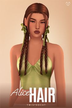 a woman with long braids wearing a green dress and text that reads alice hair twisted cat