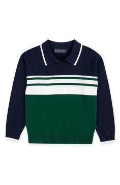 Soft cotton offers daylong comfort for your busy kiddo in this smart polo-sweater patterned with classic stripes. Ribbed cuffs and hem 100% cotton Dry clean or machine wash, flat dry Imported Cotton Polo Sweater With Contrast Stripes, Striped Cotton Polo Sweater, Casual Striped Cotton Polo Sweater, Classic Cotton Polo Sweater With Striped Collar, Classic Striped Polo Sweater With Ribbed Collar, Classic Long Sleeve Sweater With Contrast Stripes, Classic Striped Tops With Ribbed Cuffs, Classic Striped Polo Sweater With Polo Collar, Fall Cotton Polo Sweater With Striped Collar