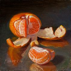 an oil painting of oranges cut in half on a black surface with the peel still attached