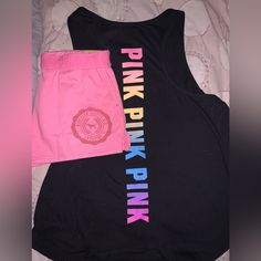 Victoria’s Secret Pink 2- Piece Set - Tank Is Not Available Online (Or In Stores) Size Medium Black Racerback Tank Top With Gradient Rainbow On The Back And Little Rainbow Pup On The Front Size Medium 3” Foldover Sweat Shorts With Collegiate Logo In Dreamy Pink Pink 2 Piece Set, Rainbow Gradient, Black Rainbow, Sweat Shorts, Shorts Black, 2 Piece Set, Racerback Tank Top, Vs Pink, Racerback Tank