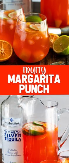 two pitchers of fruity margarita punch with orange slices and limes