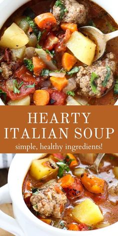 hearty italian soup with meat and vegetables in a white bowl