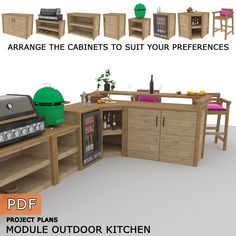 an outdoor kitchen is shown with various cabinets