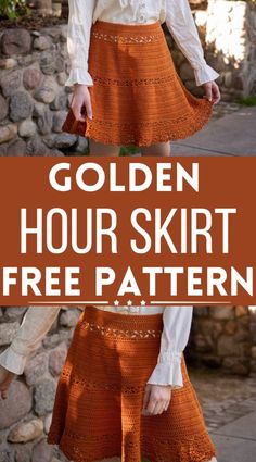 a woman wearing an orange skirt with the words golden hour skirt free pattern