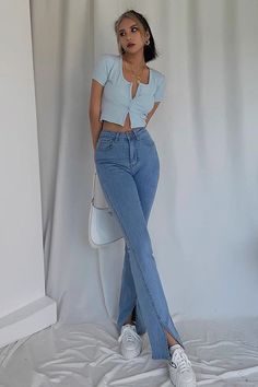 Casual High-rise Washed Blue Flare Jeans, High Rise Light Blue Denim Flare Jeans, High-waisted Light Wash Flare Jeans With Belt Loops, Fitted Full-length Light Blue Jeans, High-rise Light Blue Cotton Flare Jeans, High Waisted Flare Jeans, Denim Patterns, Fancy Blouses, Fancy Blouse Designs