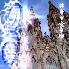 an artistic image of the front of a cathedral with snowflakes on it's spires