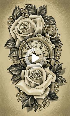 a tattoo design with roses and an alarm clock