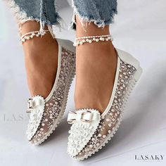 Lasaky - Chic Applique Bowknot Wedding Bridal Shoes with Lace Detailing and Split Joint Design Embroidered Loafers, Bridal Attire, Stylish Work Attire, Embroidery Shoes, Summer Sneakers, Pointed Toe Heels, White Shoes, Loafers For Women, Bridal Shoes