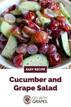 cucumber and grape salad in a white bowl on a woven placemat with text overlay