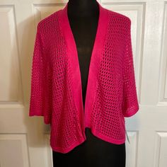 Women’s 3/4 Sleeve Allison Daley Crochet Fuchsia Color Cardigan, Nwt, Size Xl, Own Fly Away Front. The Approximate Measurements Are As Follows: Sleeves: 15.5 Inches Length: 23 Inches Bust: 20 Inches Sku: B-8 Pink Stretch Knit Cardigan, Spring Open Knit Top With 3/4 Sleeves, Fitted Pink Open Knit Cardigan, Open Knit Top With 3/4 Sleeves For Spring, Pink Open Knit Cardigan For Spring, Summer Pink Knit Outerwear, Stretch Summer Cardigan With 3/4 Sleeves, Stretch 3/4 Sleeve Summer Cardigan, Summer Stretch Cardigan With 3/4 Sleeve