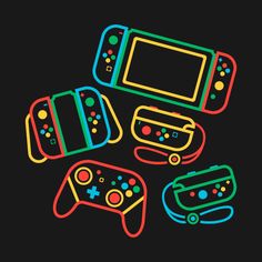 neon colored video game controllers on a black background