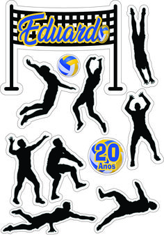 the silhouettes of volleyball players are shown in black and white, with yellow lettering