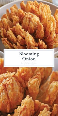 some fried food in a white bowl on top of a table with the words blooming onion above it