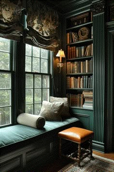 a window seat in front of a bookshelf filled with books