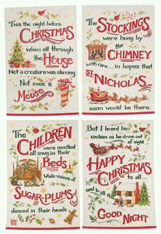 four cross stitch christmas cards with the words, children are hung by the chimneys and not