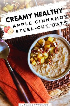 top view of a bowl of apple cinnamon steel cut oats with another bowl partially shown on the top left corner. It's labeled with the words on top "Creamy Healthy Apple Cinnamon Steel Cut Oats." Healthy Fall Breakfast, Steel Cut Oats Recipe, Dessert For Breakfast, Oats Recipe, Fall Breakfast, Steel Cut Oats, Healthy Apple, Healthy Fall, Oats Recipes