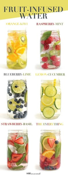 a poster showing different types of fruit in mason jars with the words fruit - infused water