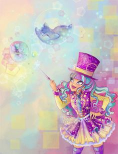 a drawing of a girl in a top hat and dress holding a wand with bubbles floating around her