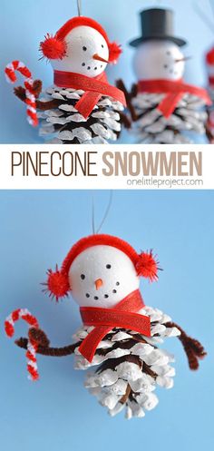 pinecone snowmen are hanging from the ceiling