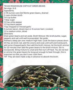 a recipe for green beans in a white dish with pink flowers on the border and text below