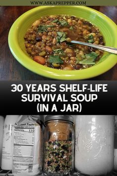 a green bowl filled with food next to jars