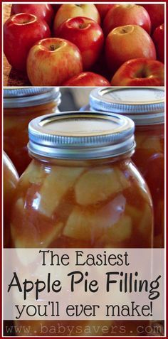 jars filled with apple pie filling sitting on top of a table next to piles of apples