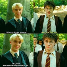 harry potter and his friends are all dressed up in school uniforms, but one has blonde hair