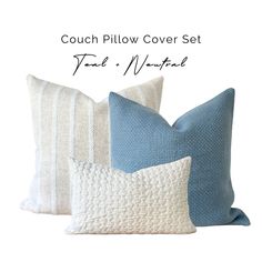 three blue and white pillows with the words couch pillow cover set on top of them