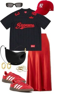 Red Skirt, Model Look, Looks Street Style, Cute Swag Outfits, Looks Chic, Outfit Shoplook, Dope Outfits, Cute Simple Outfits, Black Sunglasses