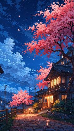 an image of a night scene with cherry blossom trees