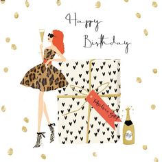 a birthday card with a woman holding a champagne glass and gift boxes in front of it