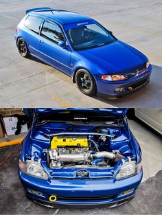 two pictures side by side of a blue car with its hood open and the engine showing