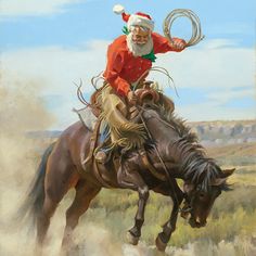 a painting of santa claus riding a bucking bronco horse in the middle of nowhere